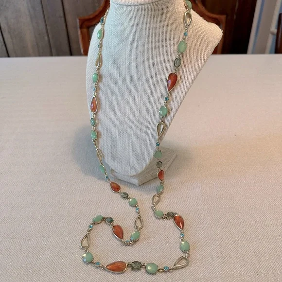 Anne Klein 40" Long Layering Necklace Peach, Green & Turquoise Blue Stations - Picture 7 of 10